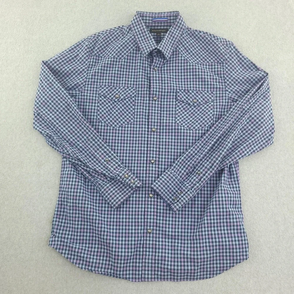 Banana Republic Shirt Mens L Blue Check Long Sleeve Snap Western Stretch Casual